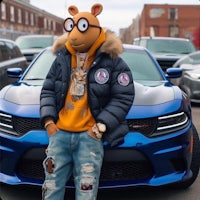 a man in a blue jacket standing next to a blue car